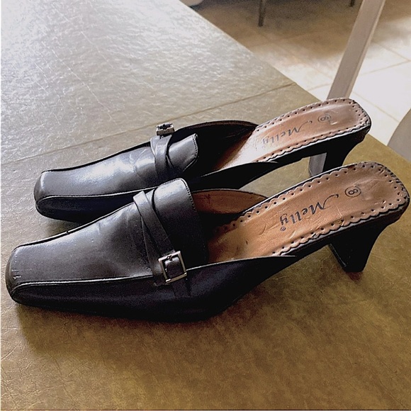 Women's Melly’s Heel Slip on Mules Shoes Brown Leather 2 “ Block Kitten Heels 8 - Picture 1 of 9